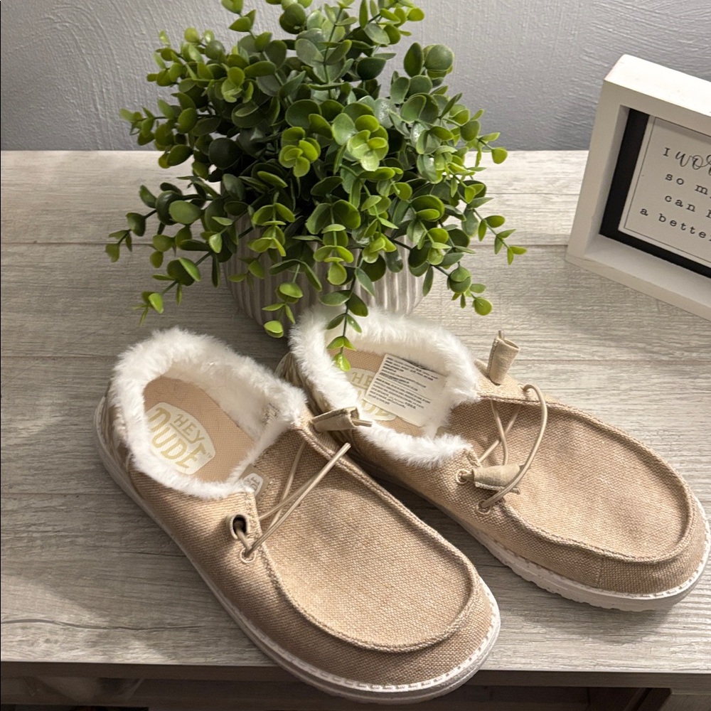 Hey Dude Beige Slip-On Shoes with Faux Fur